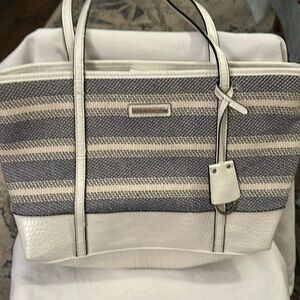 Dana Bachman purse/tote stripped blue and white lined pockets button closure